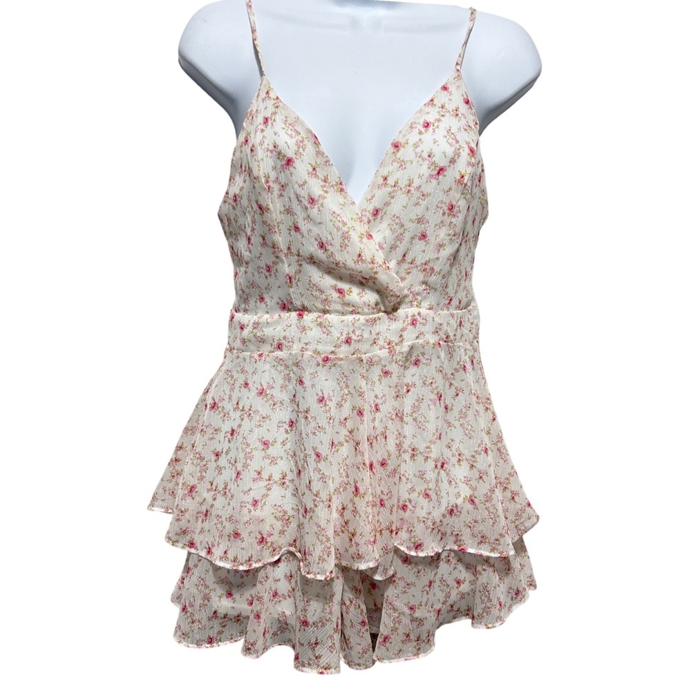 Alter'd State Women Babydoll Cottage Romper M Ivory Pink Floral Ruffle Romantic